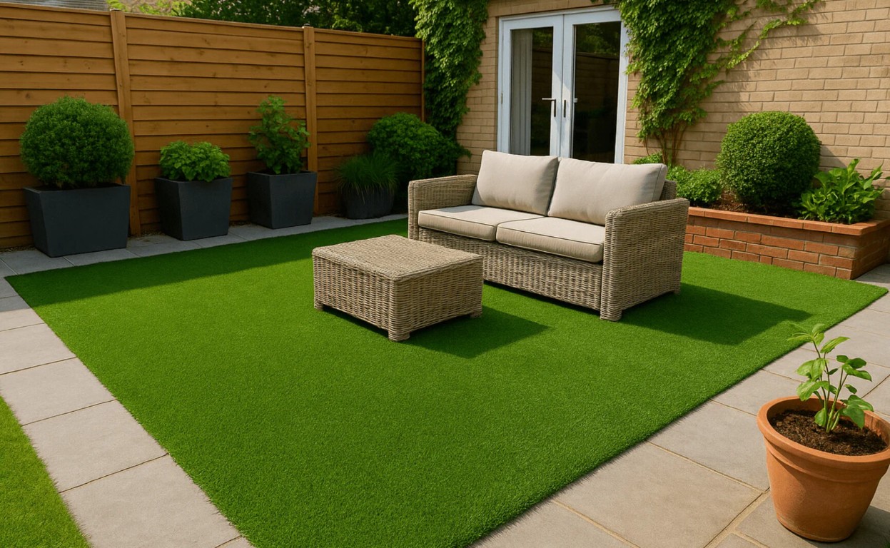 Eco-friendly artificial grass installed in beautiful Chico, CA backyard with outdoor furniture